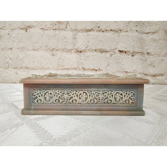 Incolay Stone Pink & White Trinket Jewelry Box 7"x7" Cupid Angels Square - Picture 2 of 9